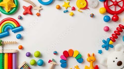 Baby kids toys frame. Set of colorful educational wooden and fluffy toys on white background. Top view, flat lay, copy space for text