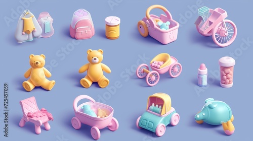Baby cartoon 3d vector icon set. Child, clothes, bear, toys, medicine, stroller, baby food, cradle photo