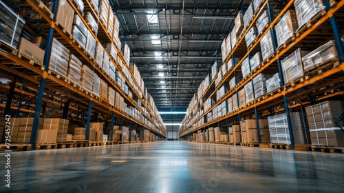 Warehouse industrial and logistics companies. Commercial warehouse. Huge distribution warehouse with high shelves. Low angle view. photo