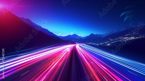 Car speed lights. Glowing trail, highway road line, fast and long night exposure, red lane blurred effect. Mountains and night sky. Vector abstract background with dynamic flashlight photo