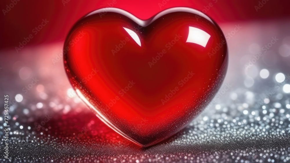 Red heart shaped glass on red abstract background. 3d. The symbol of love is Valentine's Day. Red heart shaped glass on red abstract background. 3d. The symbol of love is Valentine's Day.