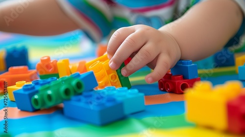 Close up of child's hands playing with colorful plastic bricks at the table. Toddler having fun and building out of bright constructor bricks. Early learning. stripe background. Developing toys
