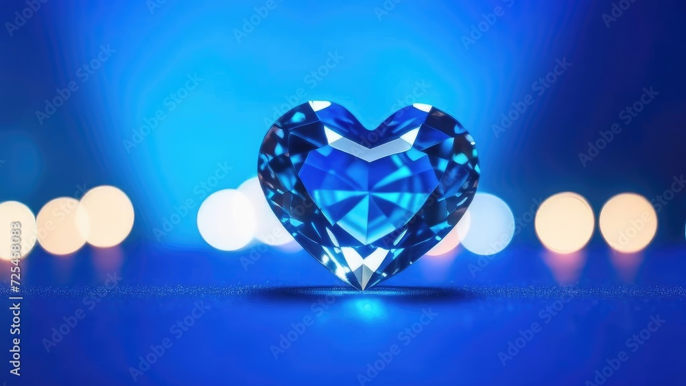Fototapeta premium Blue heart shaped diamond on blue abstract bokeh background. 3d render. The symbol of love is Valentine's Day. Copyspace