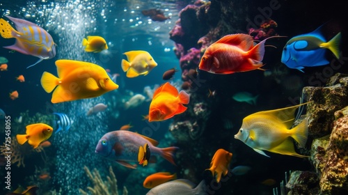 Crystal-Clear Aquarium: Colorful Tropical Fish in Vivid Display AI Generated. © Demo