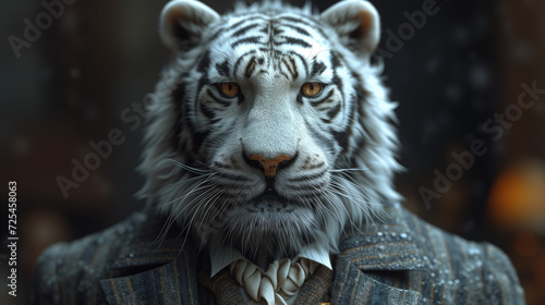 The white tiger in a Suit full body. smart and handsome and look solemn. background in the office room.