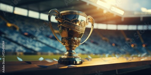 Magnificent winner cup in the stadium, theme of victory, competition. Generative AI photo