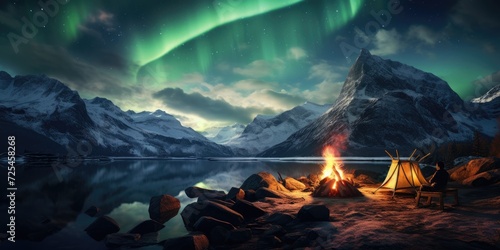 camping tent under the night sky with northern lights, aurora and mountain landscape, Generative AI photo