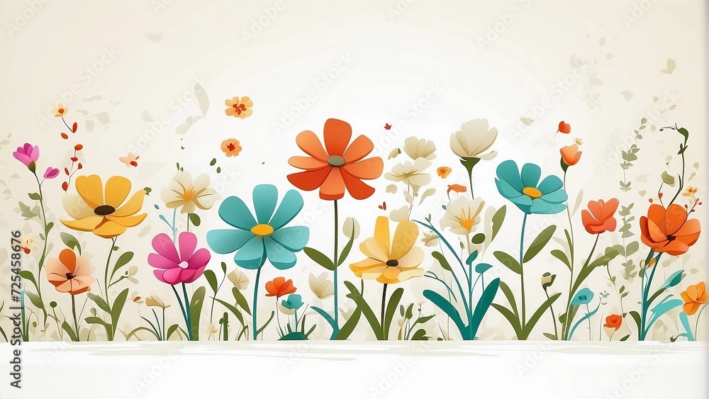 floral backdrop decorated with gorgeous multicolored blooming flowers and leaves border