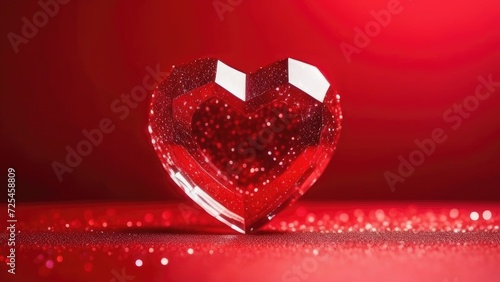 Red heart shaped diamond on red abstract bokeh background. 3d render. The symbol of love is Valentine's Day.