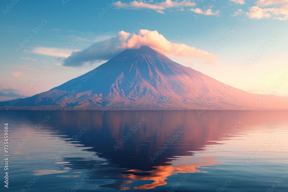 Volcanic Mountain in Morning Light Reflected in Calm Waters of Lake.