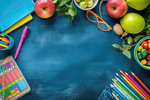 Top view colorful school supplies on table background. Back to school concept. Generative AI