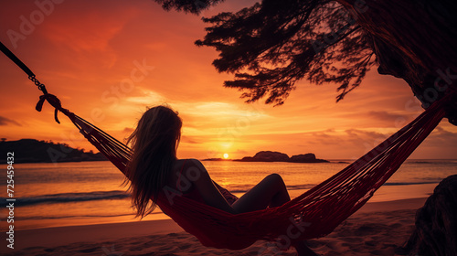 A woman relaxing in a hammock on a sunset