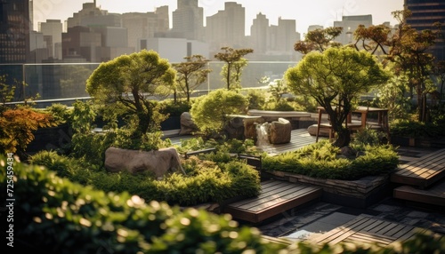 A View of a City From a Rooftop Garden