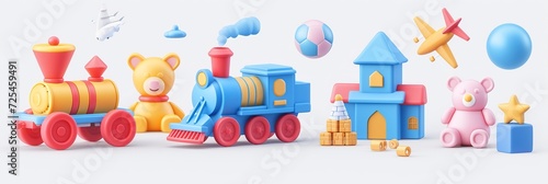 Kids toys. Train, plane, castle, ball, cubes, bear. 3d vector icon set . on clean background photo