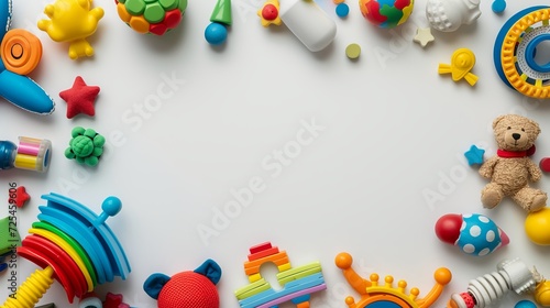 Kids toys frame on white background. Top view. Flat lay. Copy space for text 