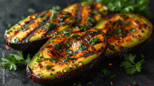 Grilled avocado with herb parsley.