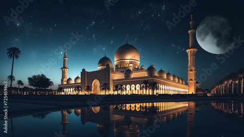 The beautiful serene mosque at night in the blessed month of ramadan the illuminated mosque at night 