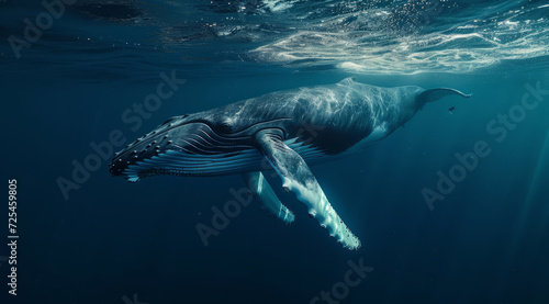 Ocean, sea and whale swimming underwater in clear water for tourism, holiday adventure and travel. Blue, peaceful and beautiful scene of wildlife in their habitat for environment and eco system © MalamboBot/Peopleimages - AI