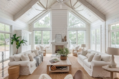 White Modern Farmhouse Living Room with Vaulted Ceilings Design Ideas