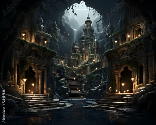 Digital illustration of a temple in a dark cave. 3D rendering