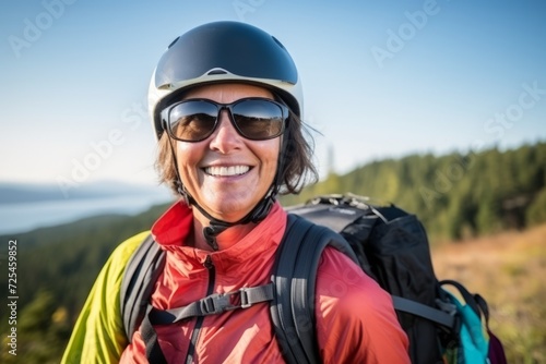 Portrait of a smiling woman with helmet and backpack hiking in the mountains