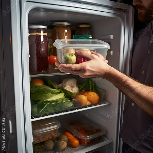 View of the refrigerator as a man takes out a packed lunch in a container