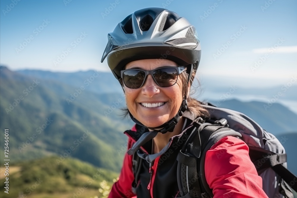 Portrait of a happy senior woman with mountain bike in the mountains Portrait of a happy senior woman with mountain bike in the mountains