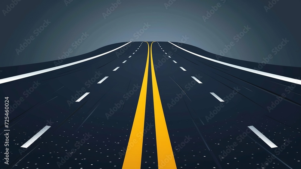 Race road to horizon. Asphalt roads, highway turn and curve long way. Vector includes white stripes and two yellow lines road markings  - obrazy, fototapety, plakaty 