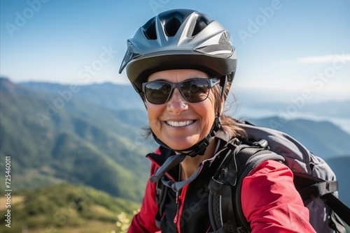 Portrait of a happy senior woman with mountain bike in the mountains