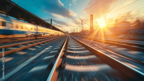 Railroad in motion at sunset. Railway station with motion blur effect against colorful blue sky, Industrial concept background. Railroad travel, railway tourism. Blurred railway. Transportation photo