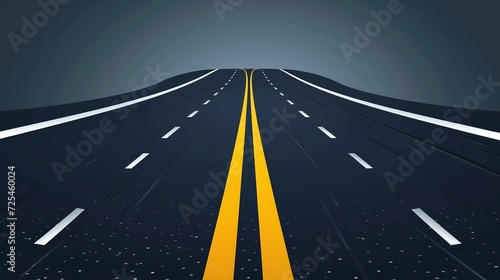 Race road to horizon. Asphalt roads, highway turn and curve long way. Vector includes white stripes and two yellow lines road markings 