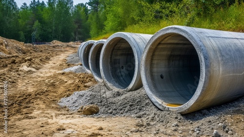 Water pipes for water supply lie on the construction site. View from a large concrete pipe. Preparation for earthworks for laying an underground pipeline. Modern water supply systems