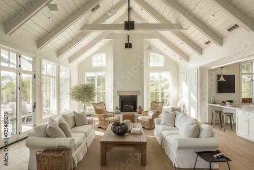 White Modern Farmhouse Living Room with Vaulted Ceilings Design Ideas