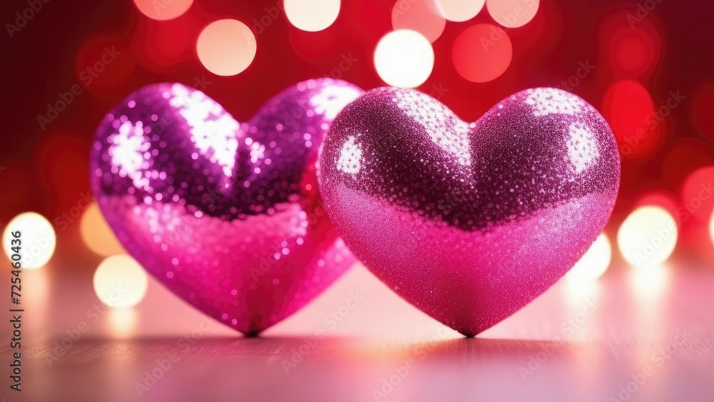 Two pink hearts shaped on bokeh abstract background . 3d. The symbol of love is Valentine's Day.