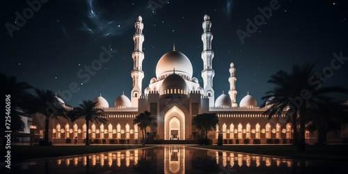 The beautiful serene mosque at night in the blessed month of ramadan the illuminated mosque at night 