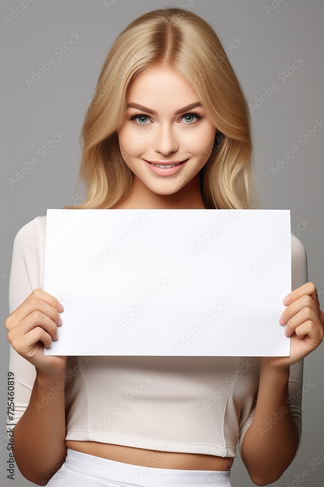 Happy woman holding paper mockup with ample space for customizable text. Vertical Happy woman holding paper mockup with ample space for customizable text. Vertical