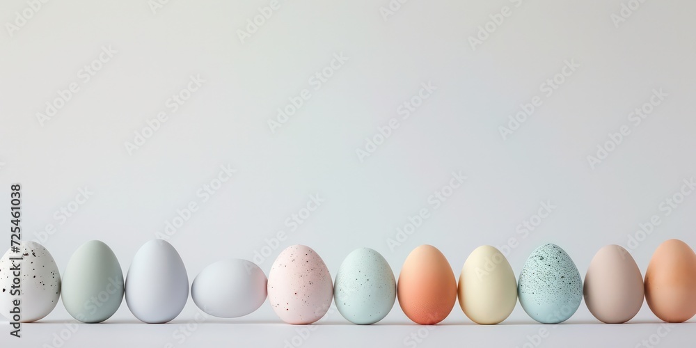 Closeup A row of Easter eggs elegantly lines up against a pristine soft background, embodying a minimalistic Easter concept. Closeup A row of Easter eggs elegantly lines up against a pristine soft background, embodying a minimalistic Easter concept.