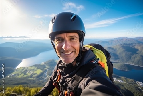 Portrait of a happy male climber with helmet standing on top of a mountain © Nerea