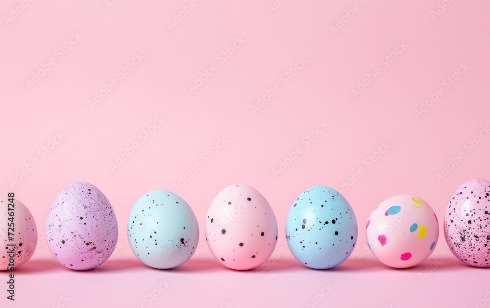 Closeup A row of Easter eggs elegantly lines up against a pristine soft background, embodying a minimalistic Easter concept. Closeup A row of Easter eggs elegantly lines up against a pristine soft background, embodying a minimalistic Easter concept.