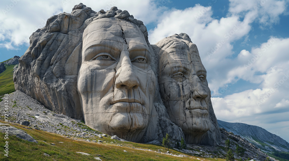 People's faces carved into the mountain