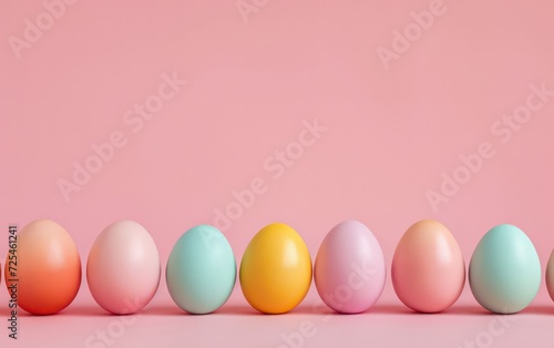 Closeup A row of Easter eggs elegantly lines up against a pristine soft background, embodying a minimalistic Easter concept. 