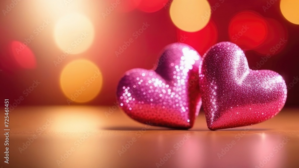 Two pink hearts shaped on bokeh abstract background . 3d. The symbol of love is Valentine's Day.