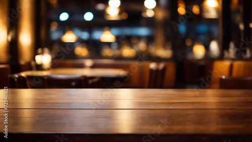 empty wooden tabletop on the background of a cozy cafe, restaurant. background. photo for background