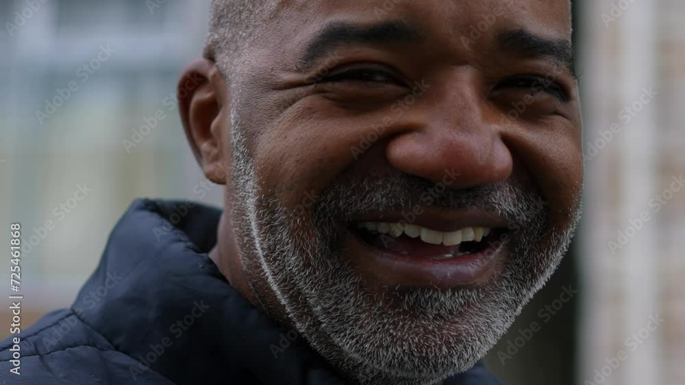 One joyful black middle aged man close-up face smiling at camera in tight tracking shot in urban environment. Gray hair African American person in 50s in street One joyful black middle aged man close-up face smiling at camera in tight tracking shot in urban environment. Gray hair African American person in 50s in street