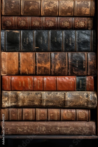 vintage leather books on old wooden shelf. 