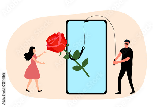 Romance scam, online dating phishing scam. Red roses with phishing hook on smartphone for woman fraud chatting. Cyber crime and attack on woman.