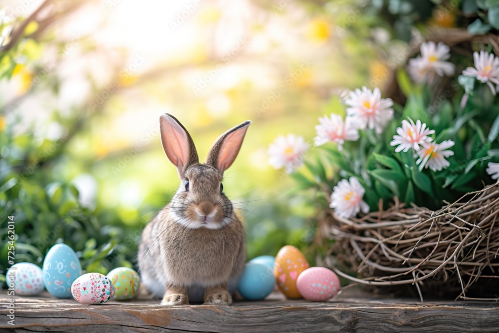 Fluffy Rabbit, Easter Eggs, and Spring Flowers. Fluffy Rabbit, Easter Eggs, and Spring Flowers.