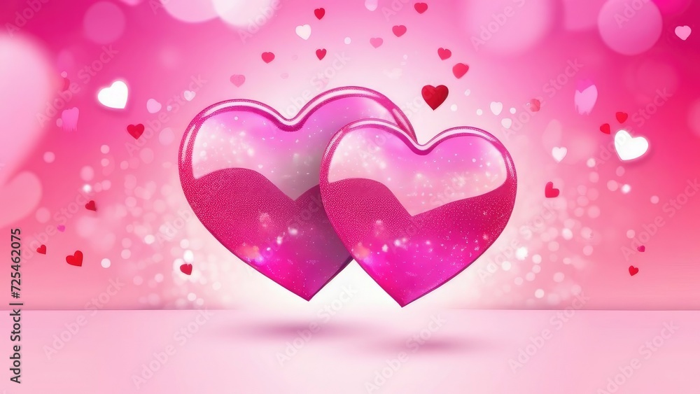 Two pink hearts shaped on bokeh abstract background . 3d. The symbol of love is Valentine's Day. Illustration.