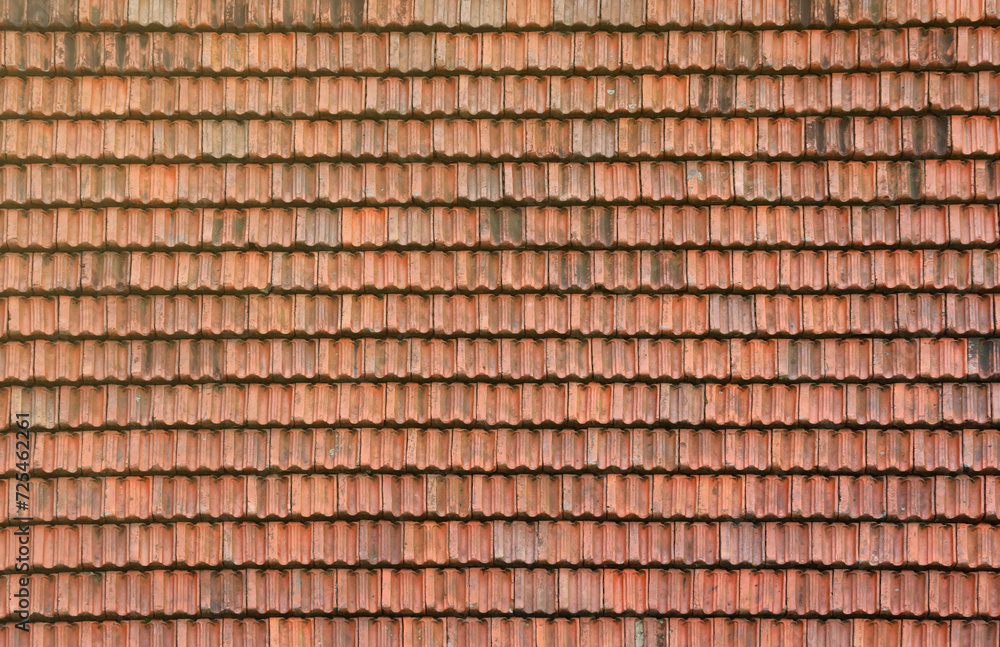 Close up of red terracotta roof shingles with some mildew. Background texture of old roofing material Close up of red terracotta roof shingles with some mildew. Background texture of old roofing material