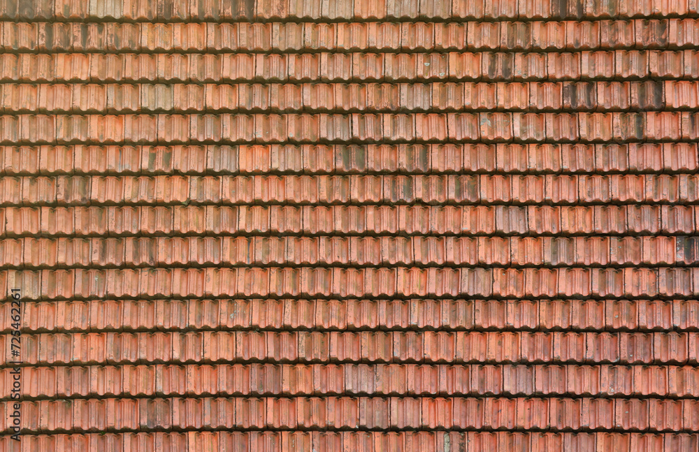 Close up of red terracotta roof shingles with some mildew. Background texture of old roofing material